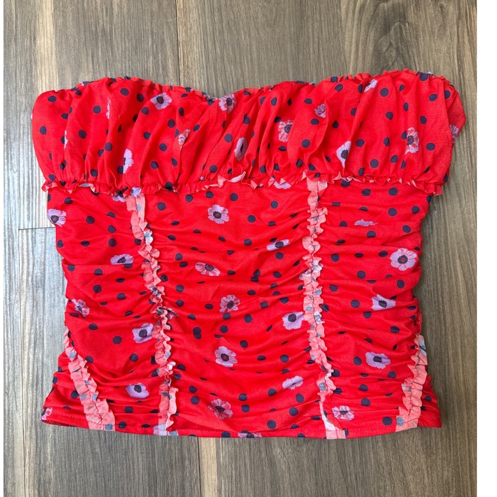 Free People Womens Scottie Tube Top Size S Red Floral Polka Dot Ruched Strapless - Picture 2 of 7